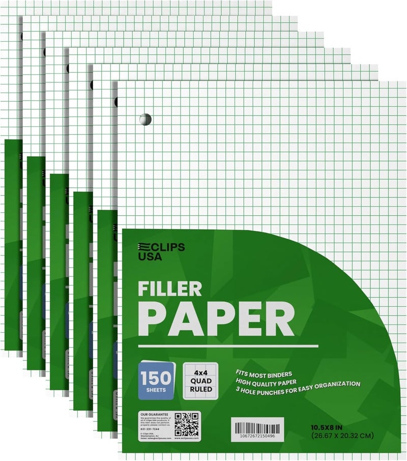 VEEBOOST Graph Paper Loose Leaf Paper Quad Ruled Notebook Paper Quad Ruled 4” x 4” Square Lined Writing Filler Paper 10.5” x 8” 900 Sheets 150 Sheets Per Pack 60 gsm (6 Pack) - Image 1
